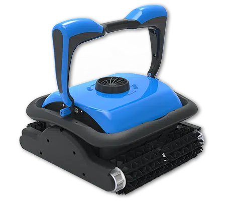 Badu Speck Saphir robotic pool cleaner with remote control, external filter chamber, 18m cable, dual motor system, and 3 cleaning settings.