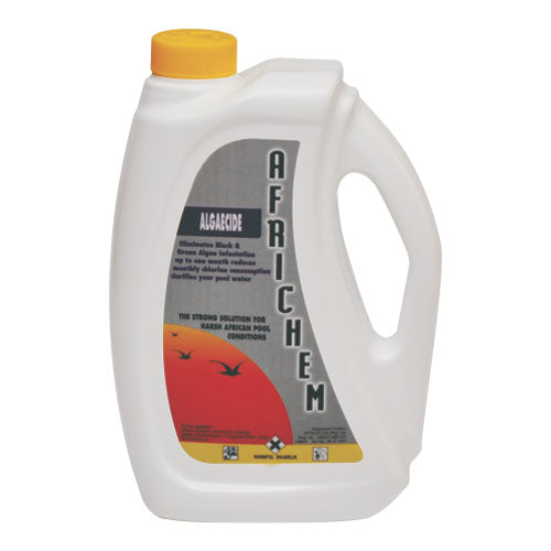 Africhem algaecide bottles for treating green and black pool algae